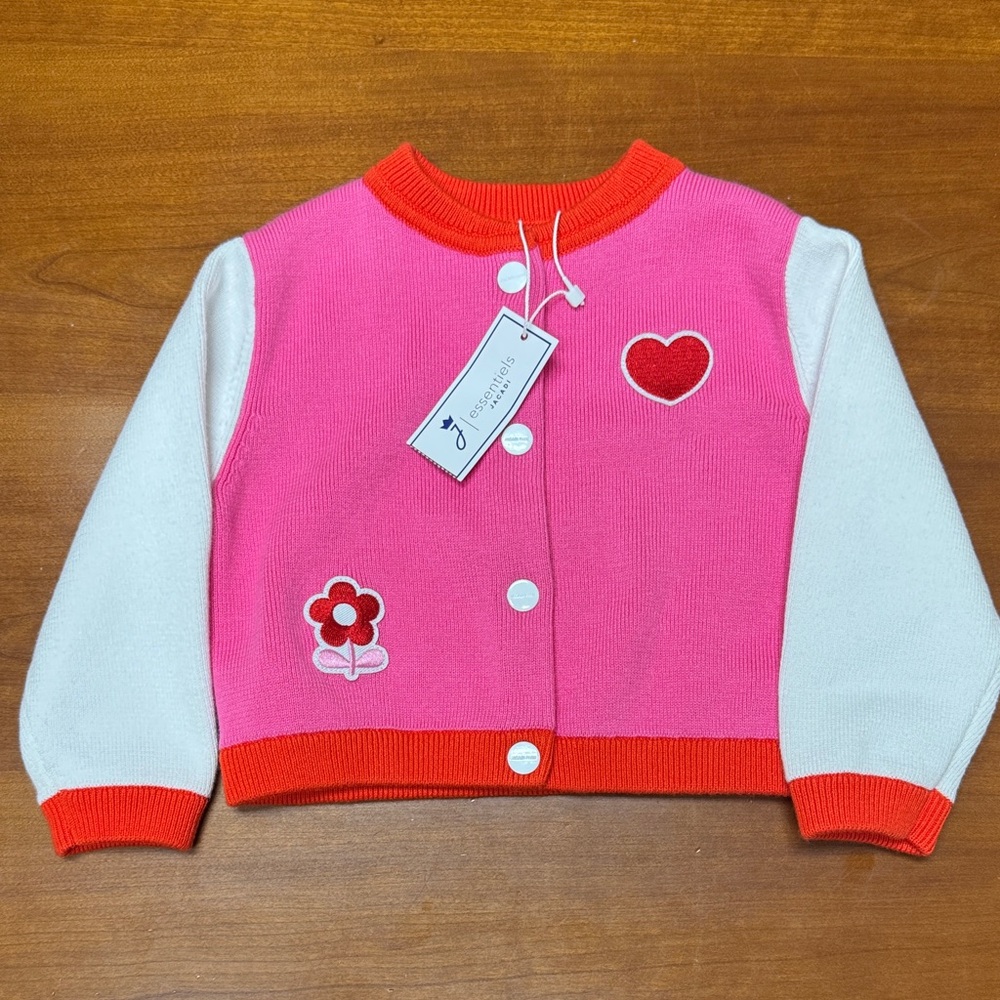 Jacadi Pink & Red Heart Flower Button Cardigan